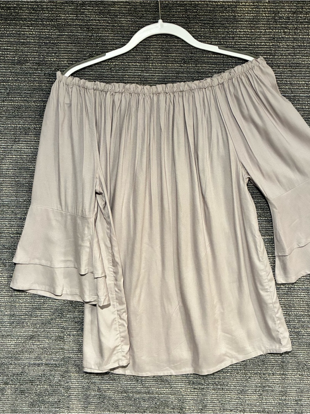 Off-Shoulder Ruffled Bell Sleeve Blouse — Light Taupe